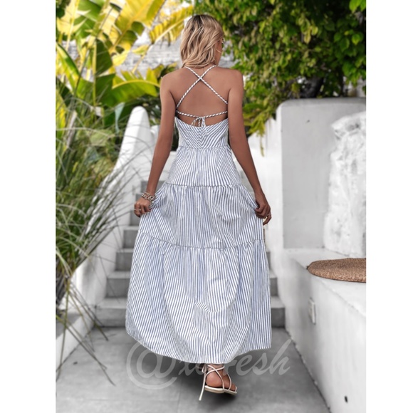 Striped Boho Maxi Button Front White Dress - Picture 3 of 8